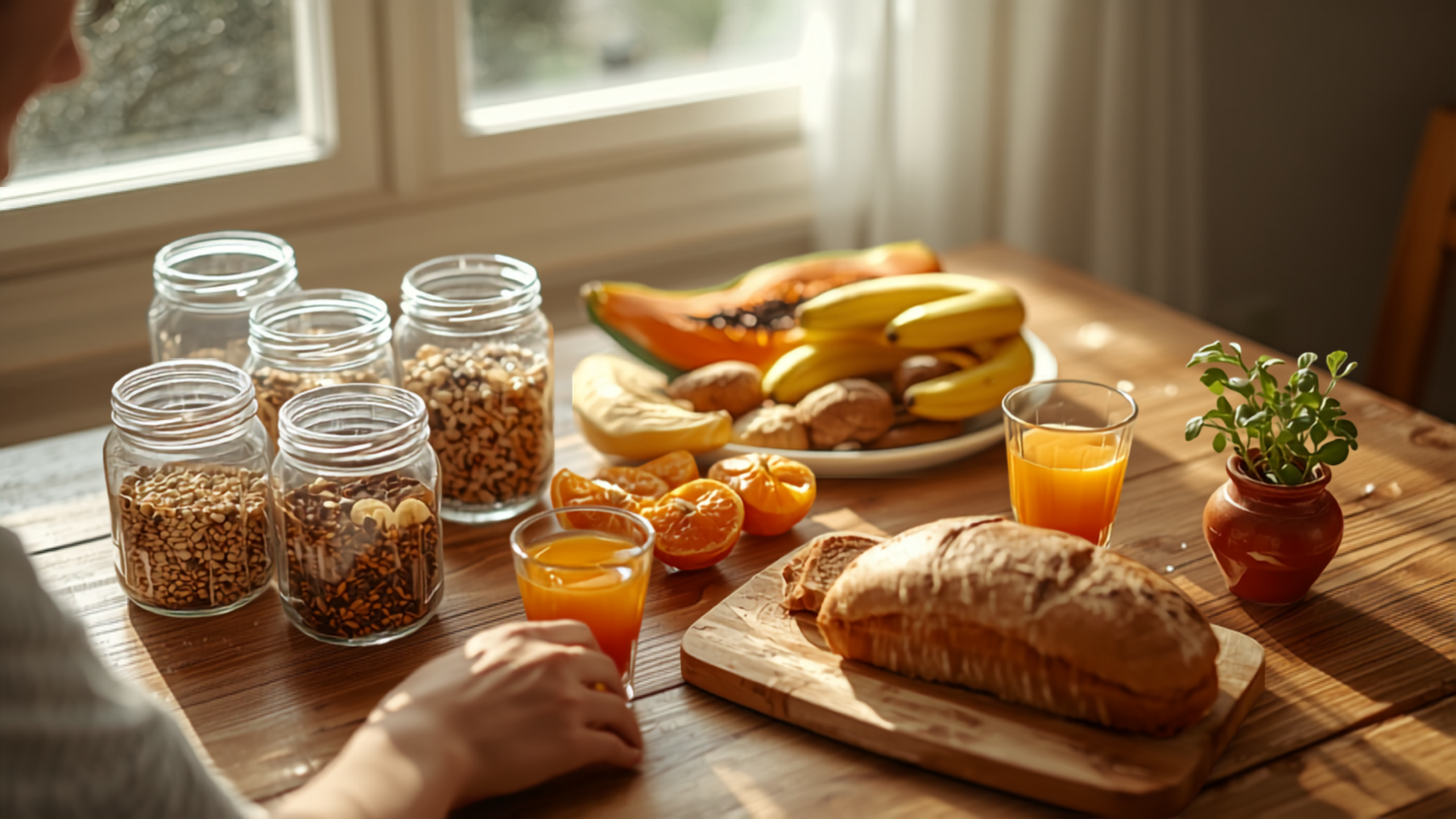 Mesa de café da manhã com frutas, potes de grãos e pães, iluminada por luz natural